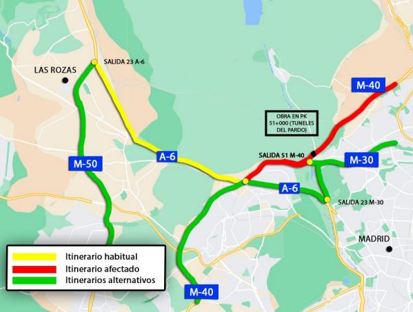 Reducción de carriles en la M-40 creciente a la altura de los túneles del Pardo